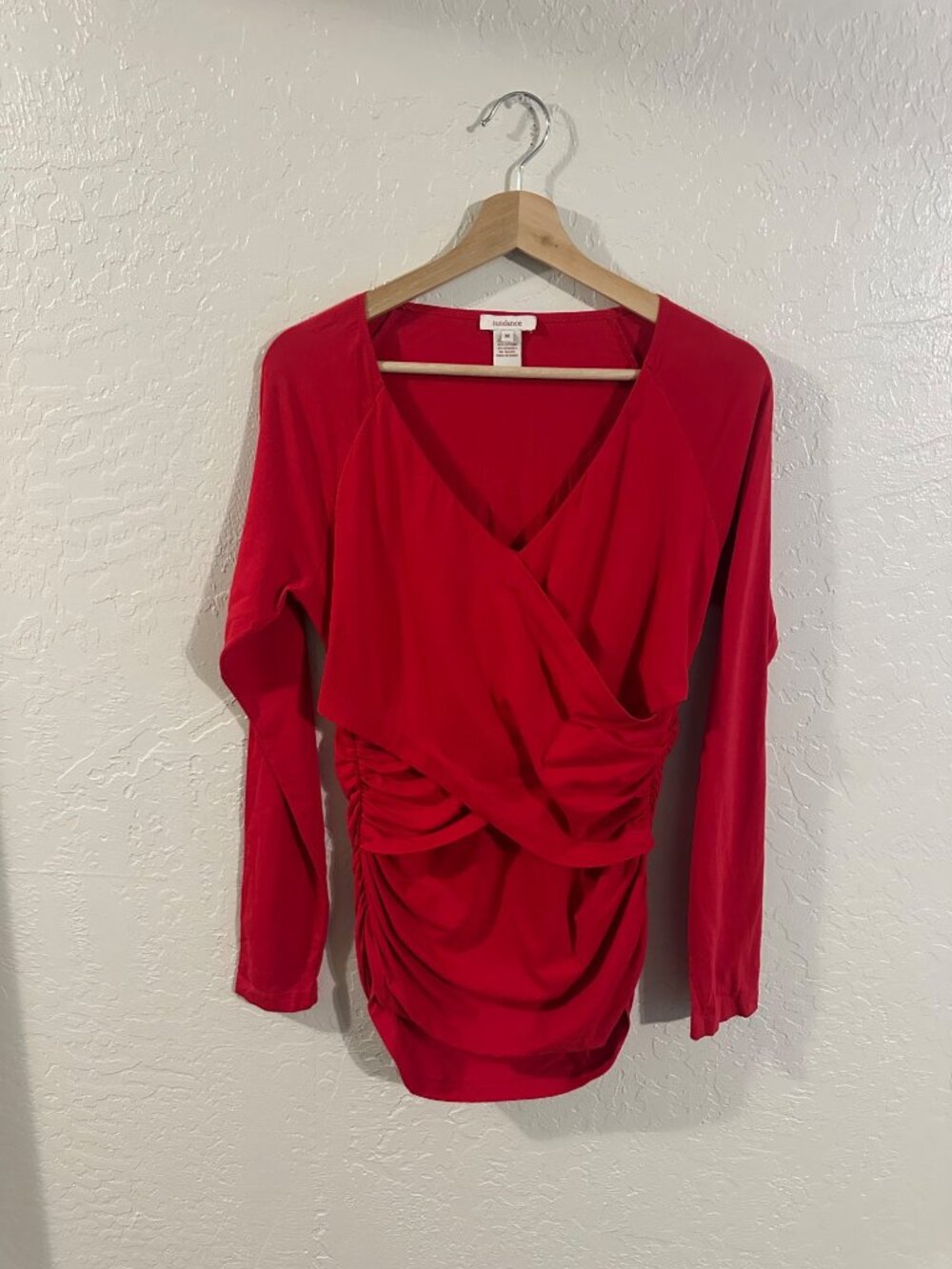 Sundance Red Faux Wrap Ruched V Neck Long Sleeve Classy Cotton Blouse